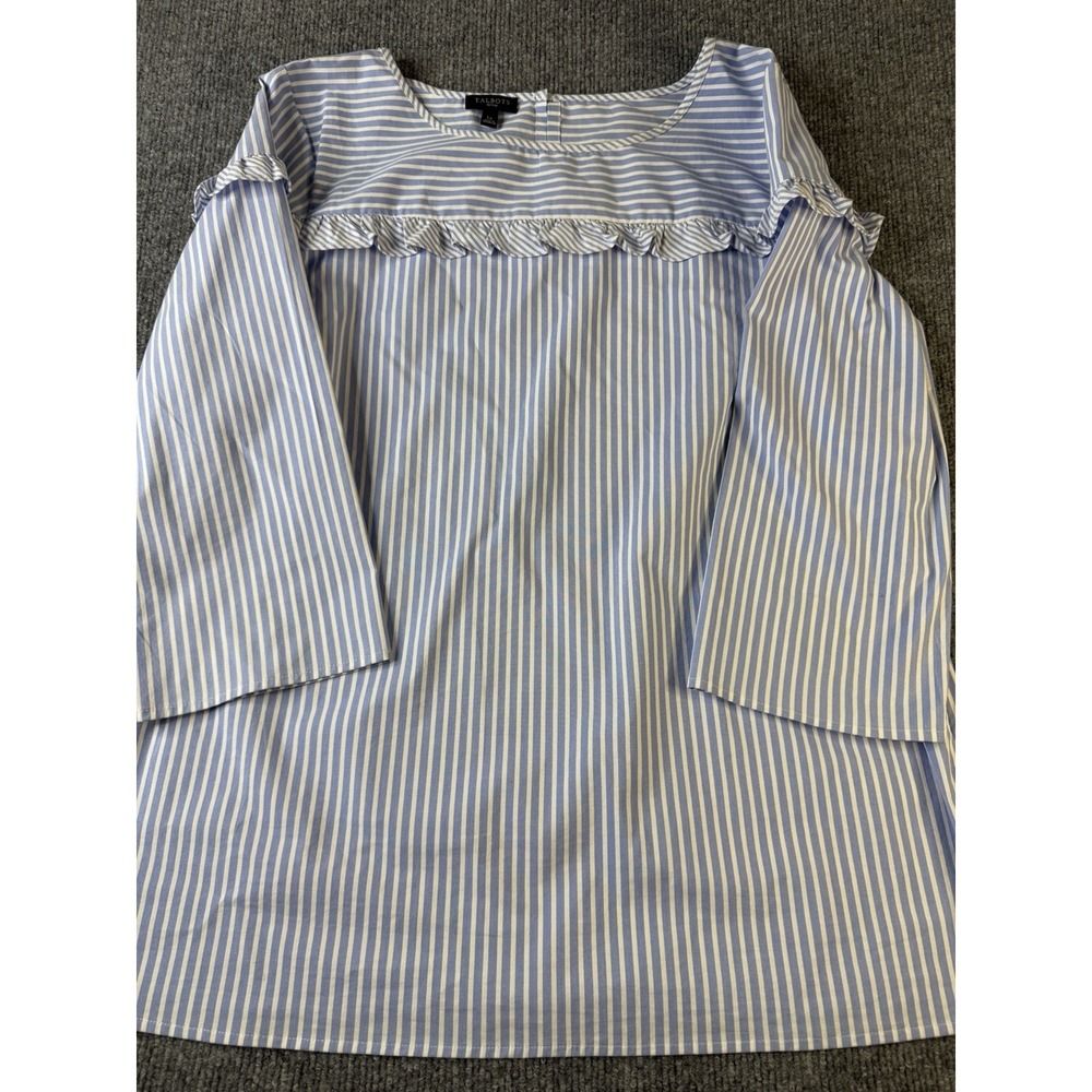 Talbots Petites LP Blue White Stripe Ruffle 3/4 Sleeve Blouse Women's Large
